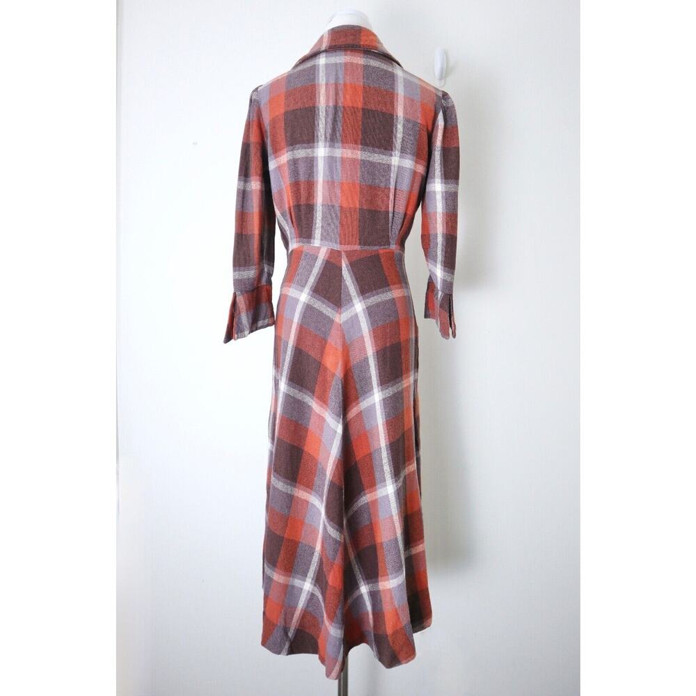 Vintage 1970s Wool Tartan Collared Dress Button Front Plaid Check Brown Orange - Picture 9 of 12